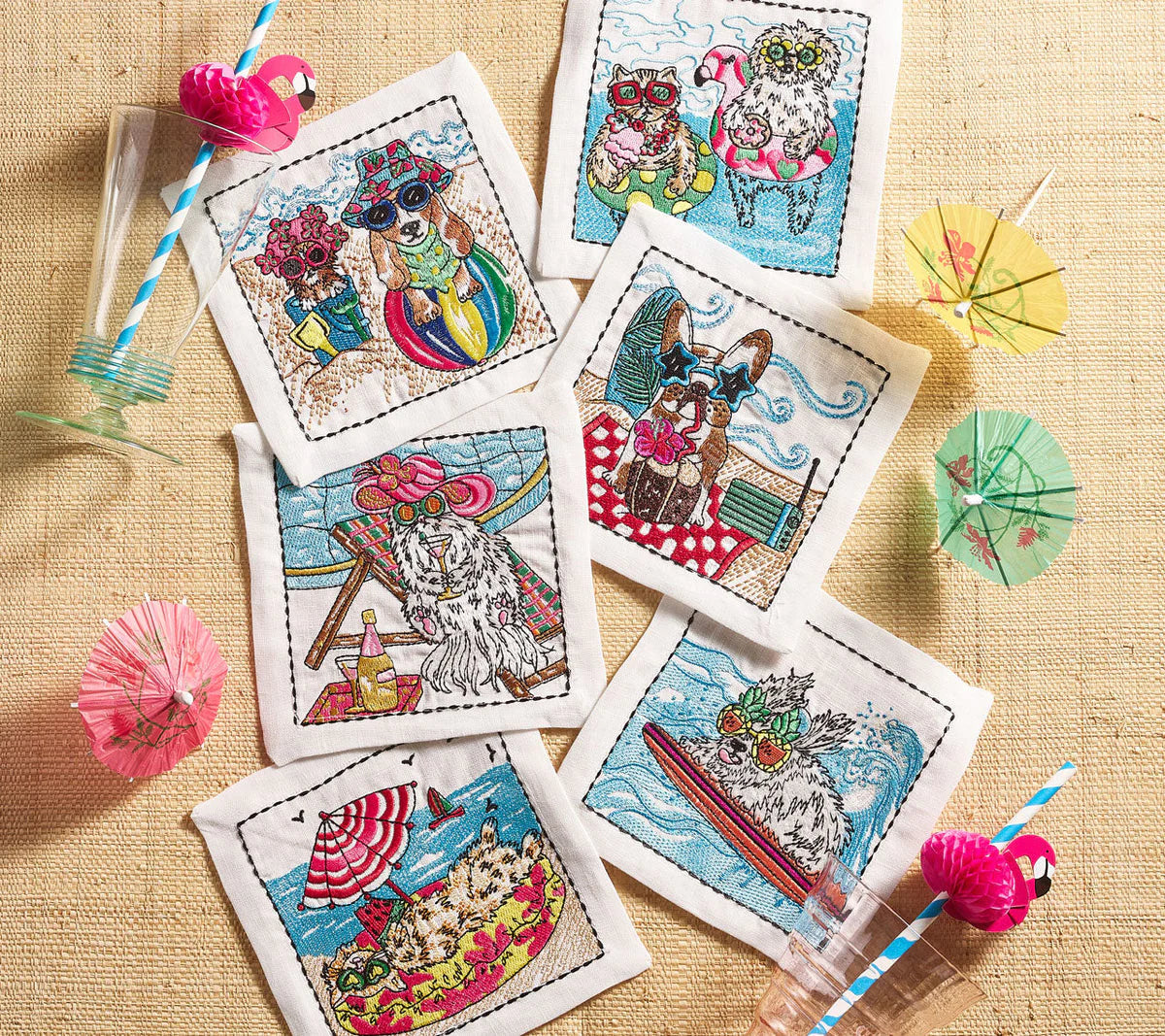 Kim Seybert Cocktail Napkins: Bow Meow in White & Multi, Set of 6