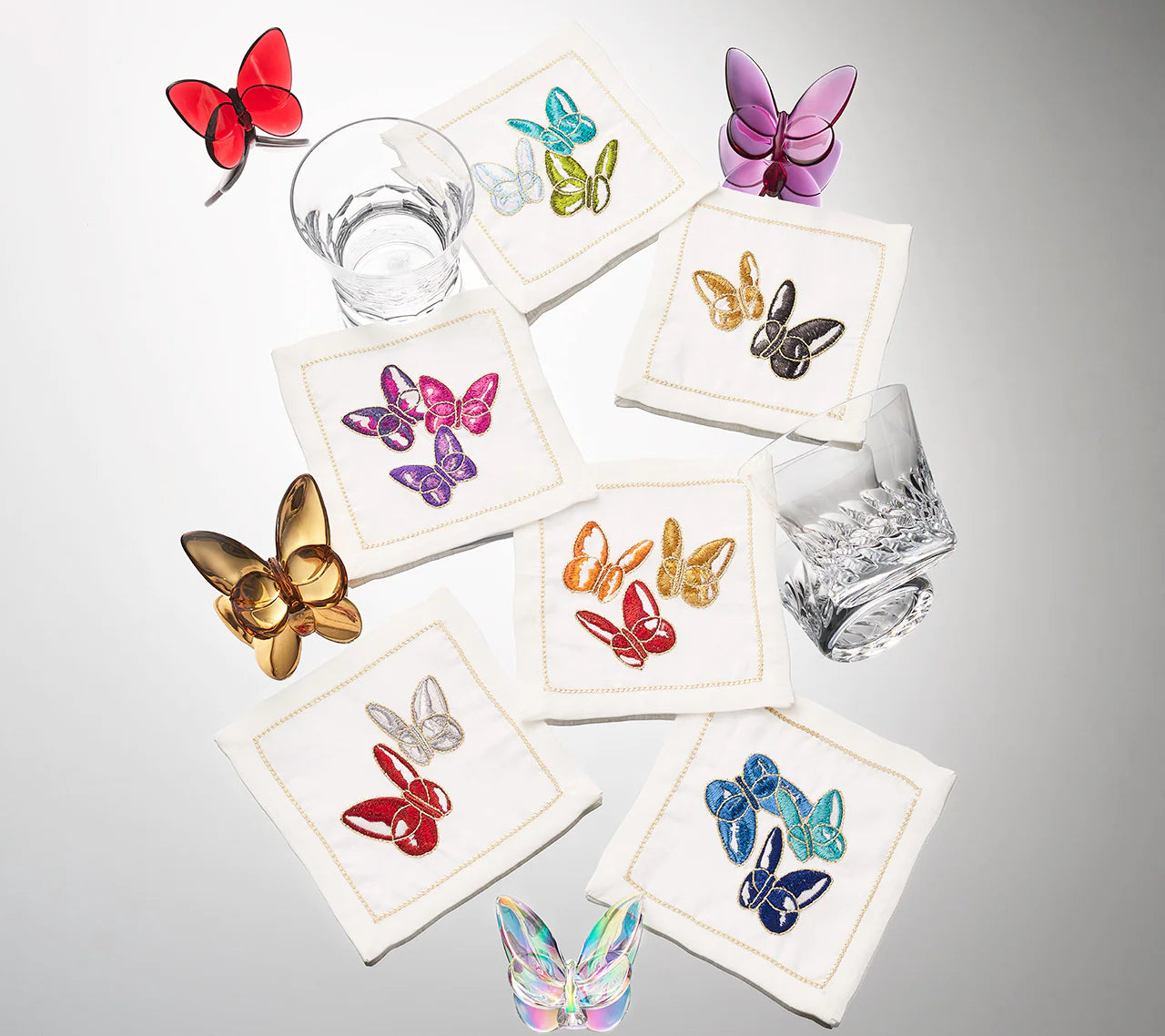 Kim Seybert Cocktail Napkins: BACCARAT Butterflies in Multi, Set of 6