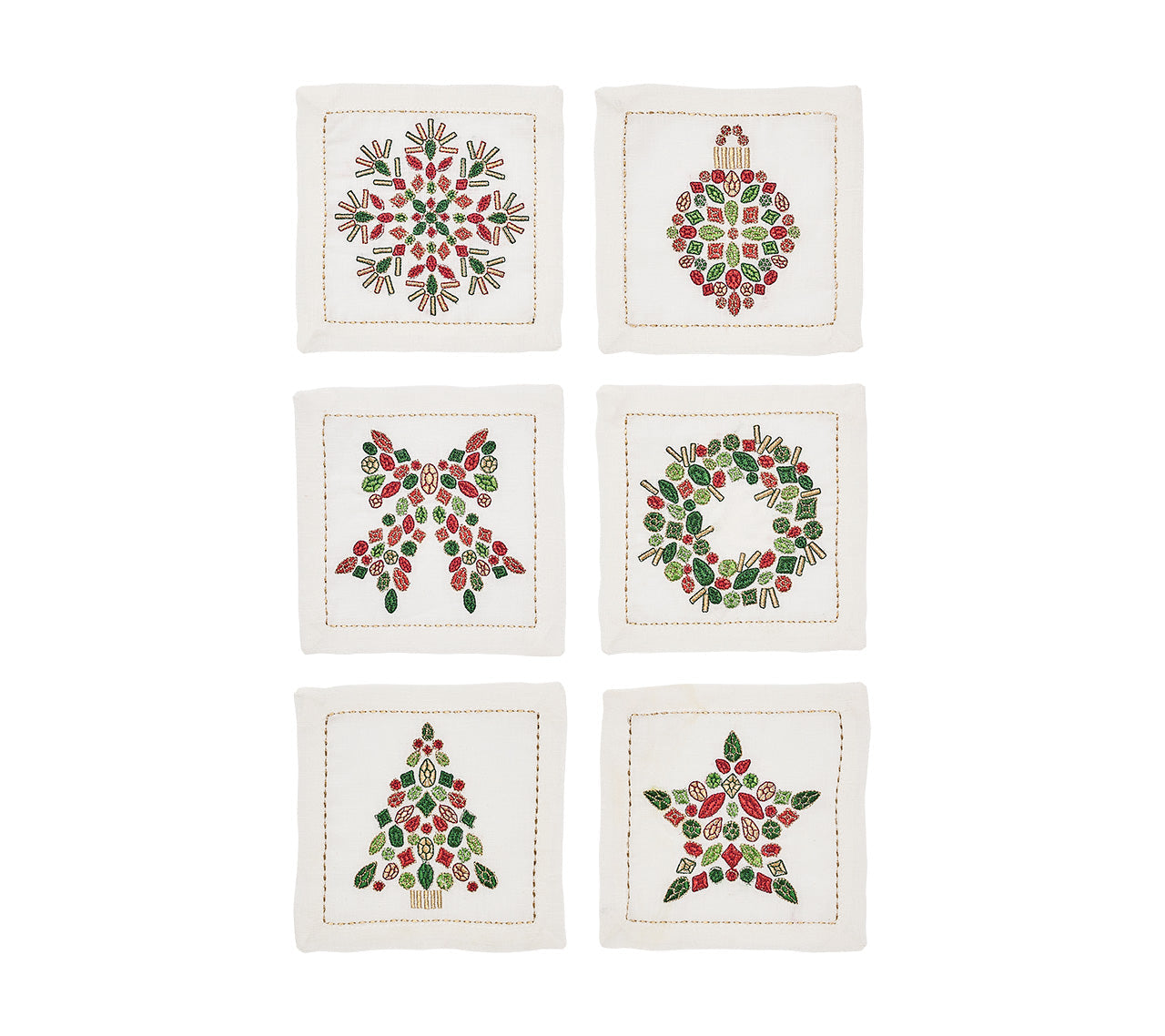 Kim Seybert Cocktail Napkins: Holiday Nostalgia in White, Red & Green, Set of 6