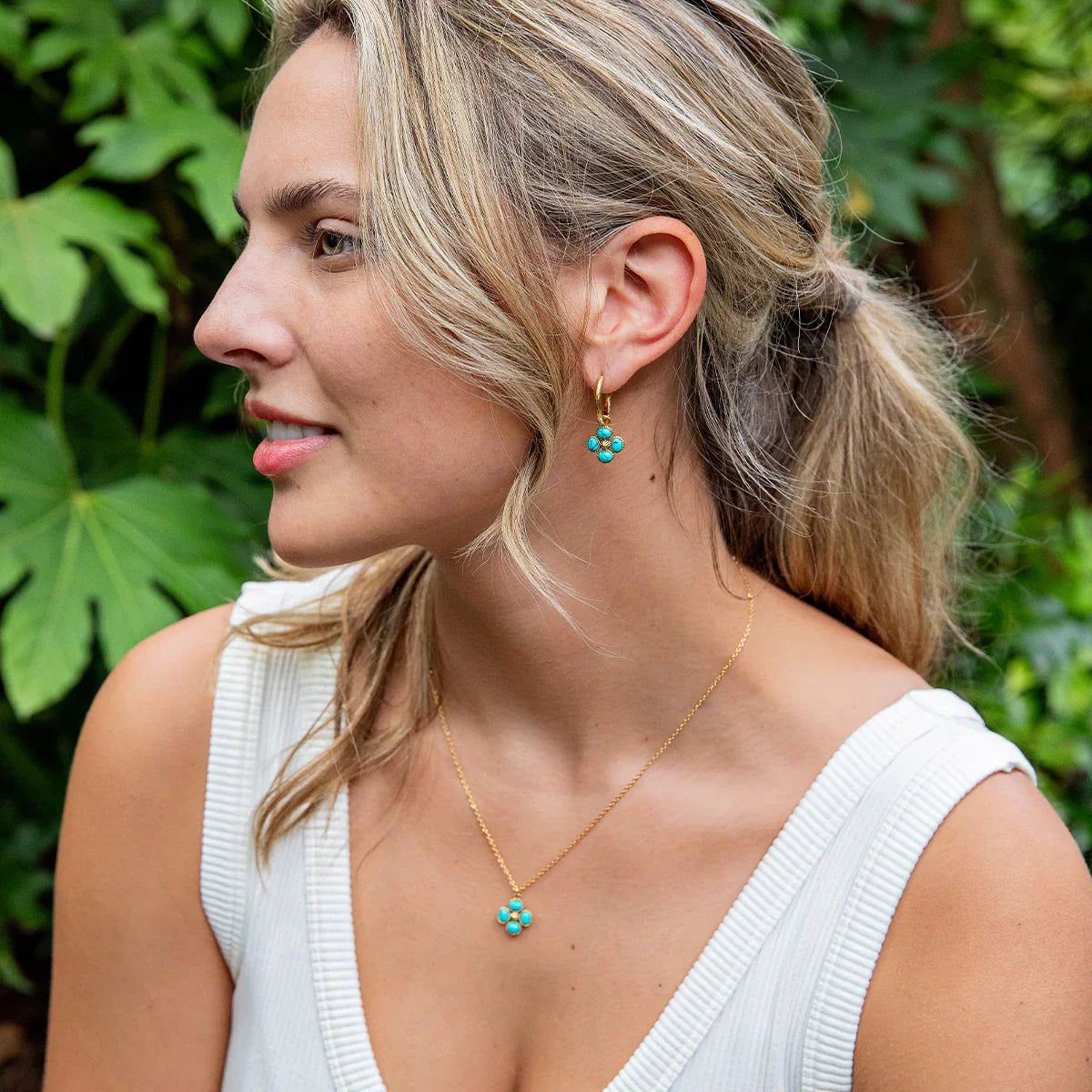 Capucine De Wulf Turq Berry Clover Hoop Earrings with Double Sided Charm - Turquoise