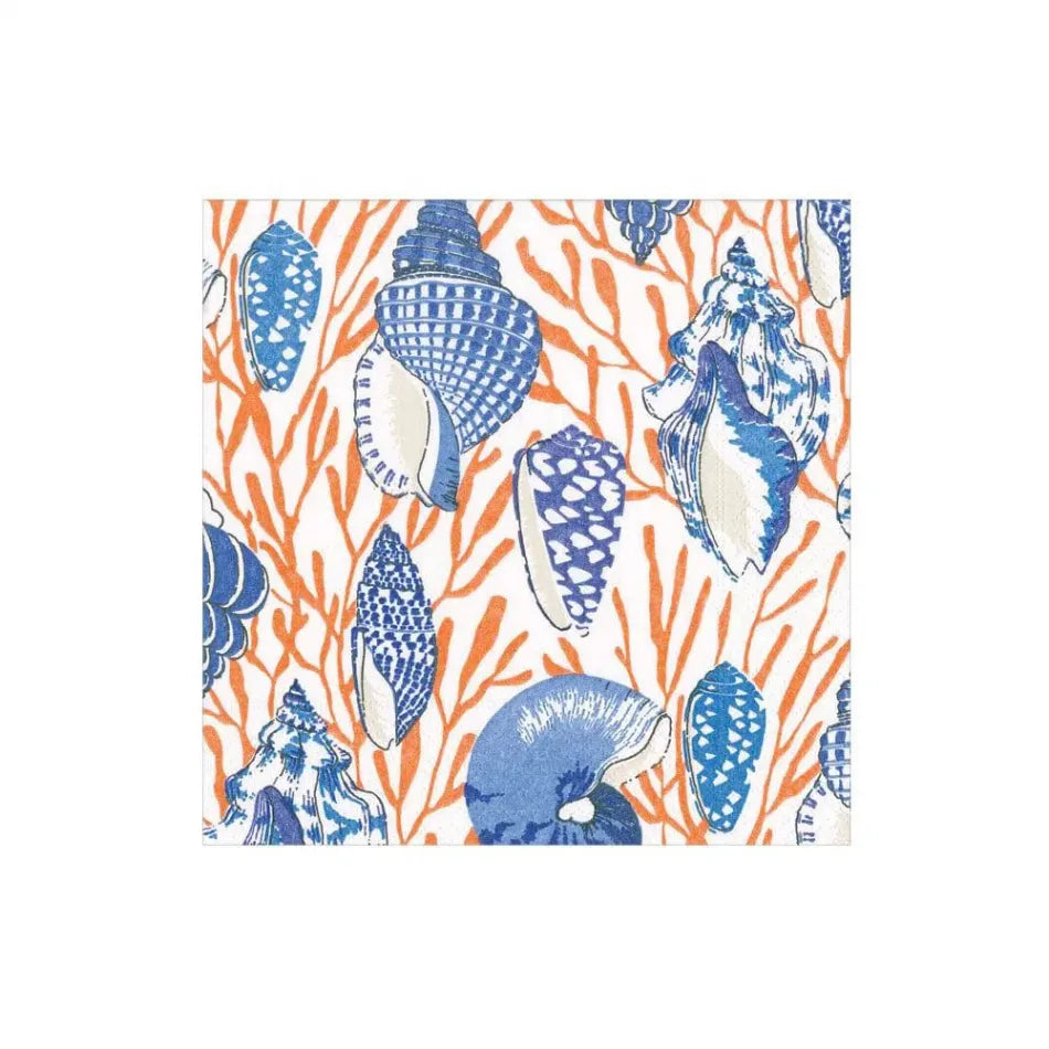 Caspari Shell Toile Coral Blue Cocktail Napkin