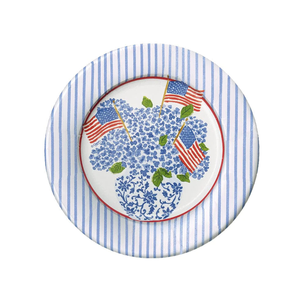 Caspari Salad/Dessert Plates: Flags and Hydrangeas