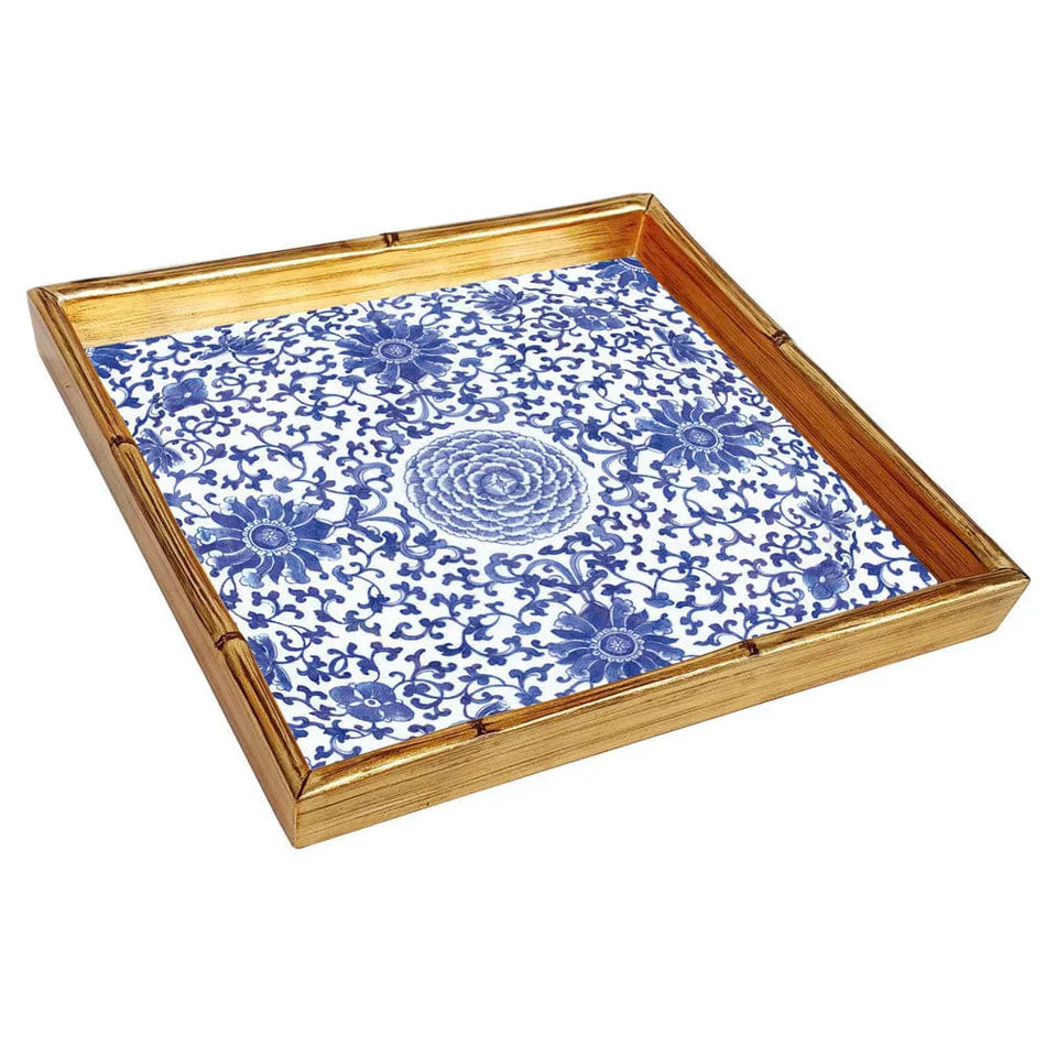 Caspari Indigo Garden Blue/White Bamboo Edge Square Lacquer Tray