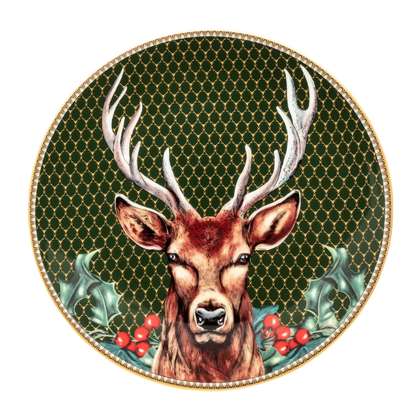 Halcyon Days Salad Antler Trellis Green & Stag 8" Coupe Plate