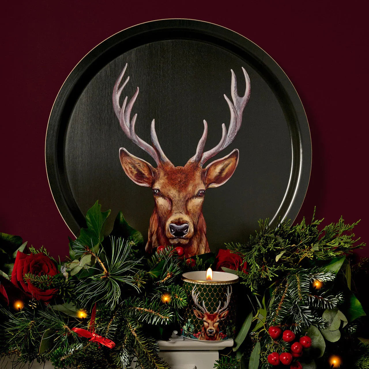 Halcyon Days Tray Woodland Stag Round Birchwood Tray