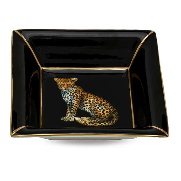 Halcyon Days Leopard Trinket Tray in Black Square