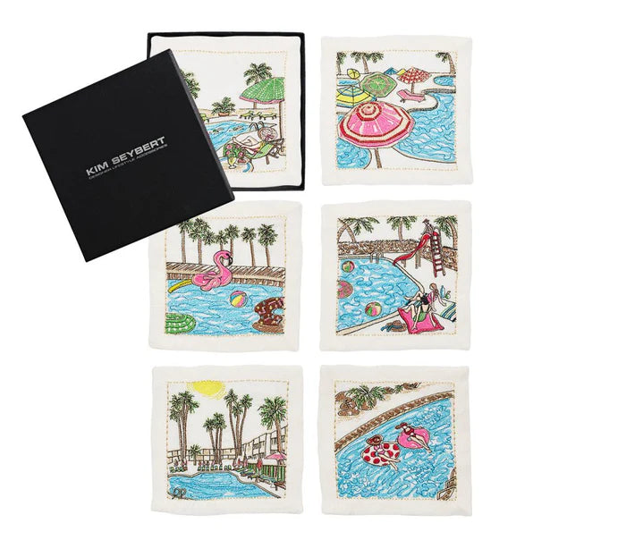 Kim Seybert Pool Day Cocktail Napkins in White & Multi, Set of 6 in Gift Box