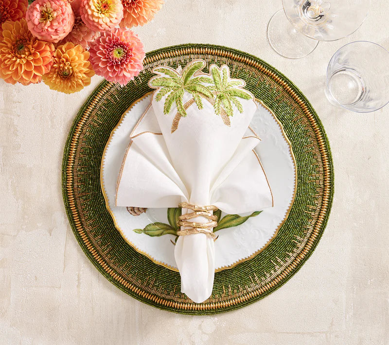 Kim Seybert Palmera Napkin in White, Green & Gold, Set of 4