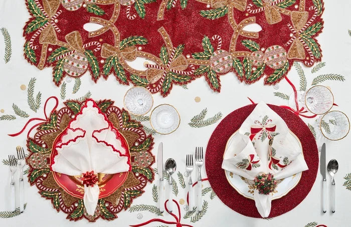 Kim Seybert Candy Cane Bow Runner in Red, Green & Gold