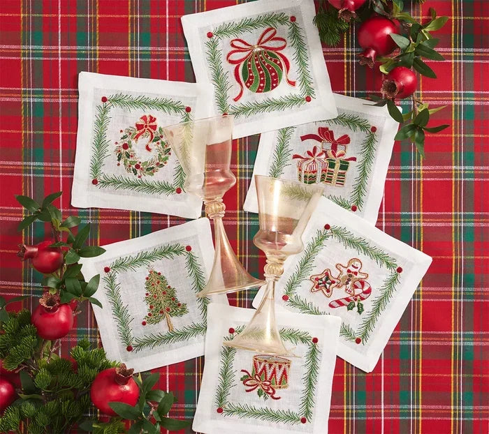 Kim Seybert Xmas Trellis Cocktail Napkins in White & Multi, Set of 6 in a Gift Box