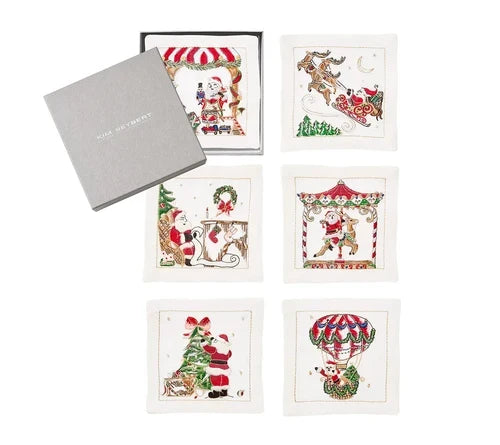 Kim Seybert Santa Cocktail Napkins in White & Multi, Set of 6 in a Gift Box