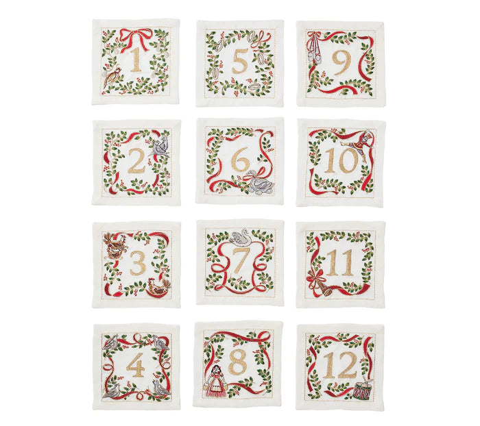 Kim Seybert Cocktail Napkins: Xmas Carol in White, Red & Green, Set of 12