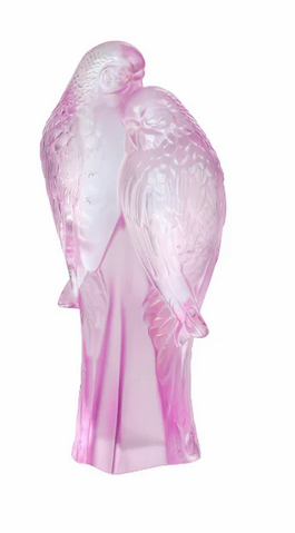 Lalique Pink 2 Parakeets Sculpture Pink Luster Crystal