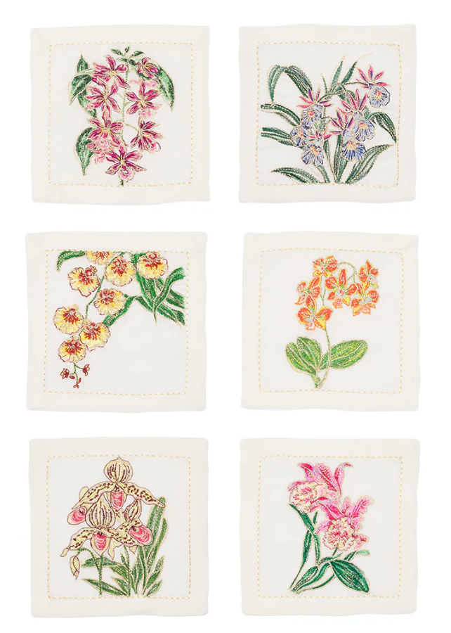 KIM SEYBERT Orchid Cocktail Napkins in White & Multi, Set of 6 in a Gift Box