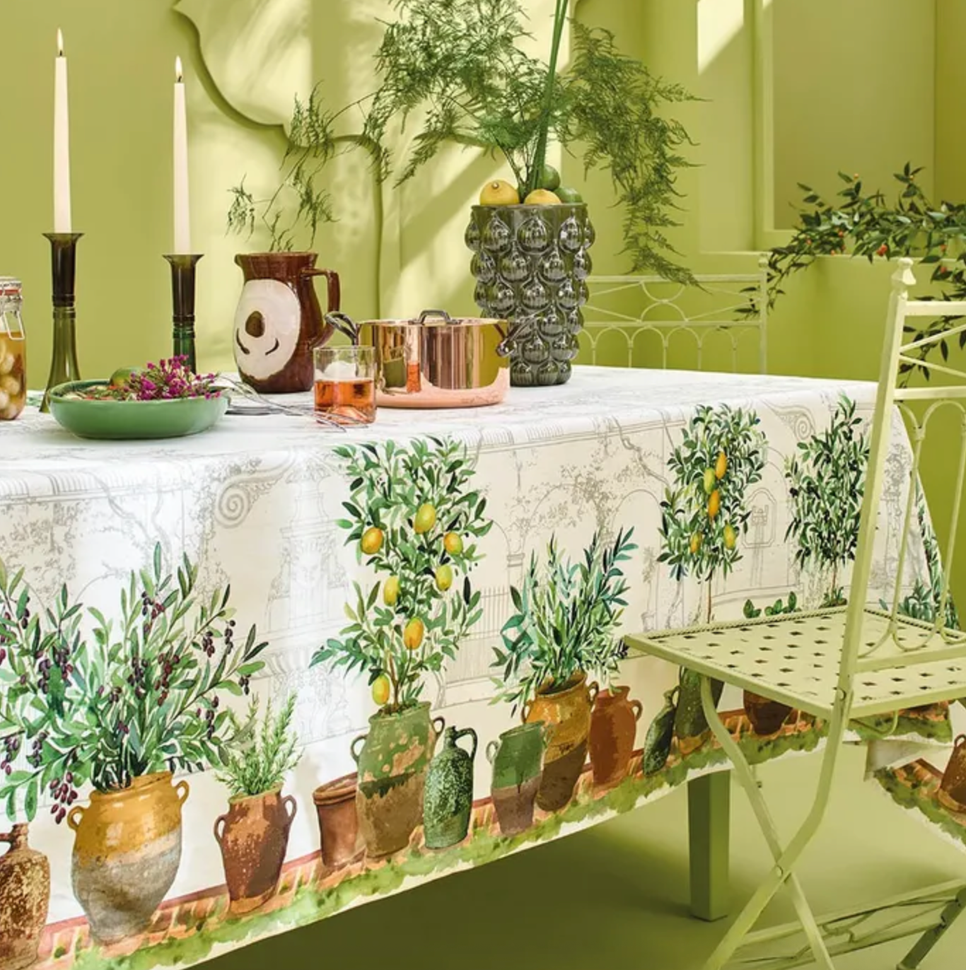 Garnier Thiebaut Jardin Provencal Olive Tablecloth 61"x120", Cotton-Linen Blend