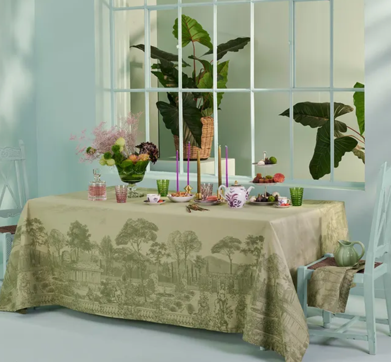 Garnier Thiebaut Jardin Spirituel Olive Jacquard Tablecloth, Stain-Resistant Cotton