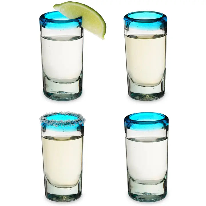 Aqua Rim Shot Glasses - Set of 4 Twine Primavera Hand-Blown Recycled
