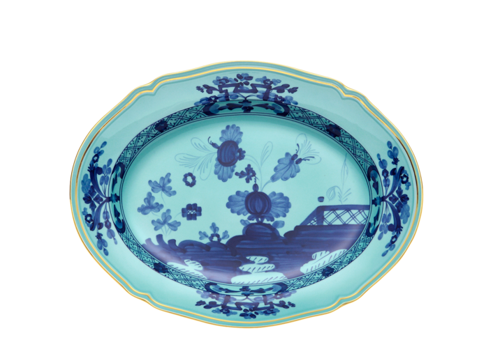 Ginori 1735 Oriente Italiano Oval Platter 13.5" with Gold Trim - Iris (Aqua)