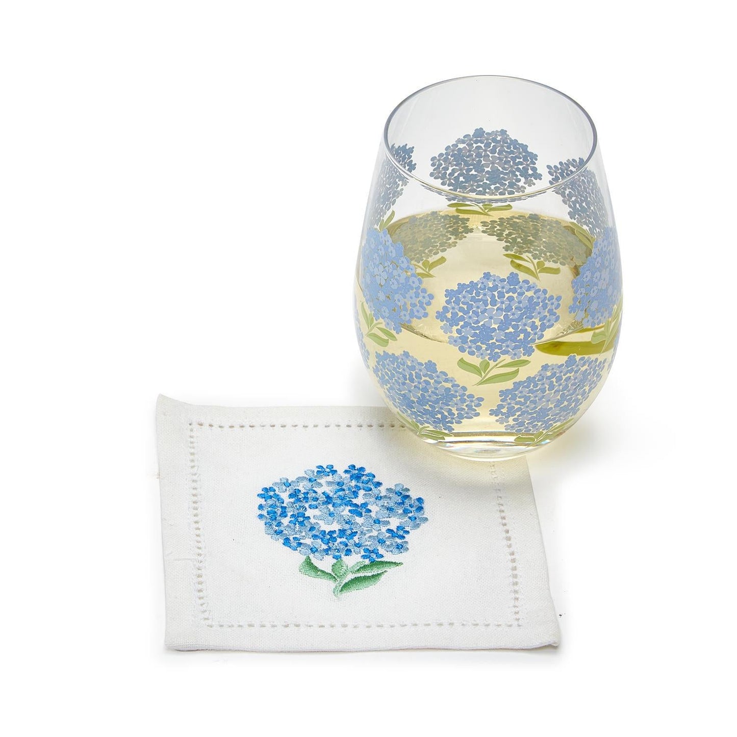 Two's Company Stemless Wine Glass - Blue Hydrangea