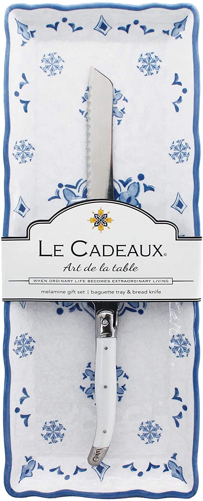 Le Cadeaux Moroccan Blue Melamine Baguette Tray and White Laguiole Bread Knife