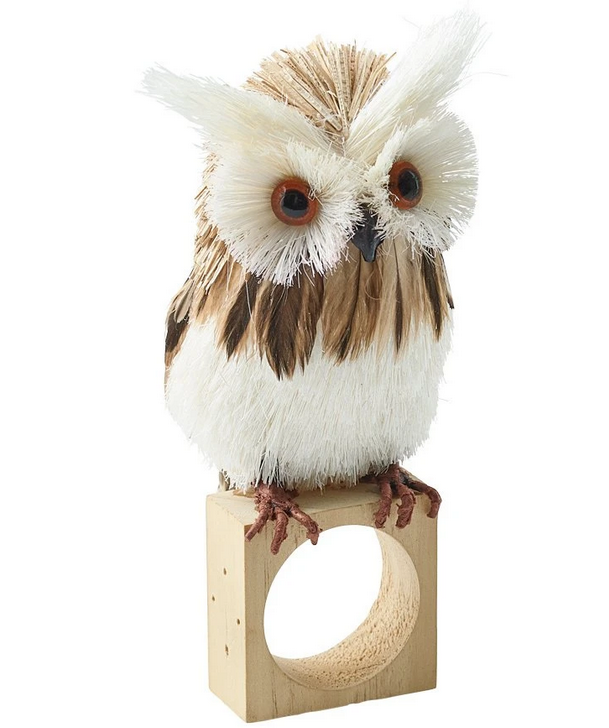 Kim Seybert Napkin Rings: Hoot in Natural & Brown, Set of 4