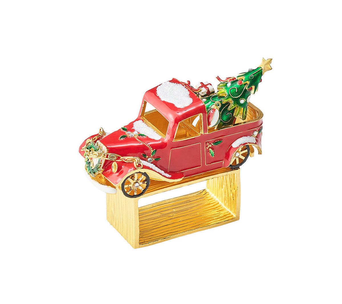 Kim Seybert Napkin Rings: Xmas Truck in Red, Green & Gold, Set of 4