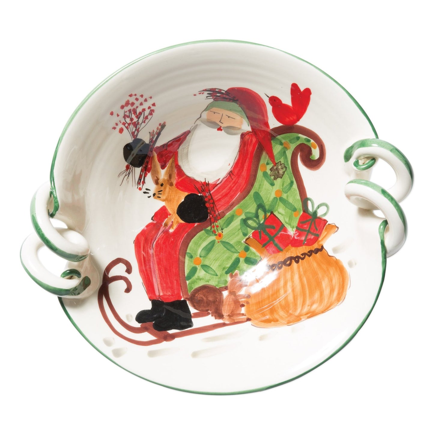 Vietri Old St. Nick Handled Scallop Bowl w/Sleigh