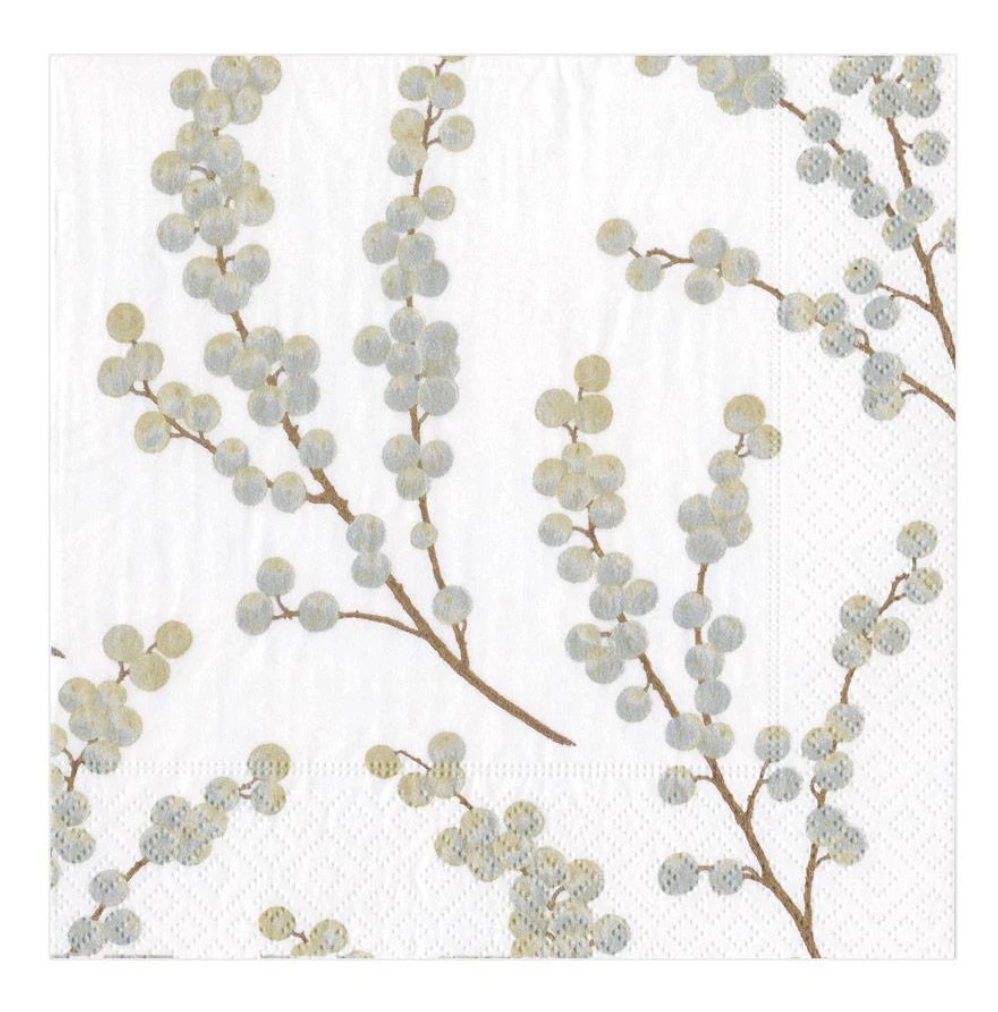 Caspari Luncheon Napkins: Berry Branches - White & Silver