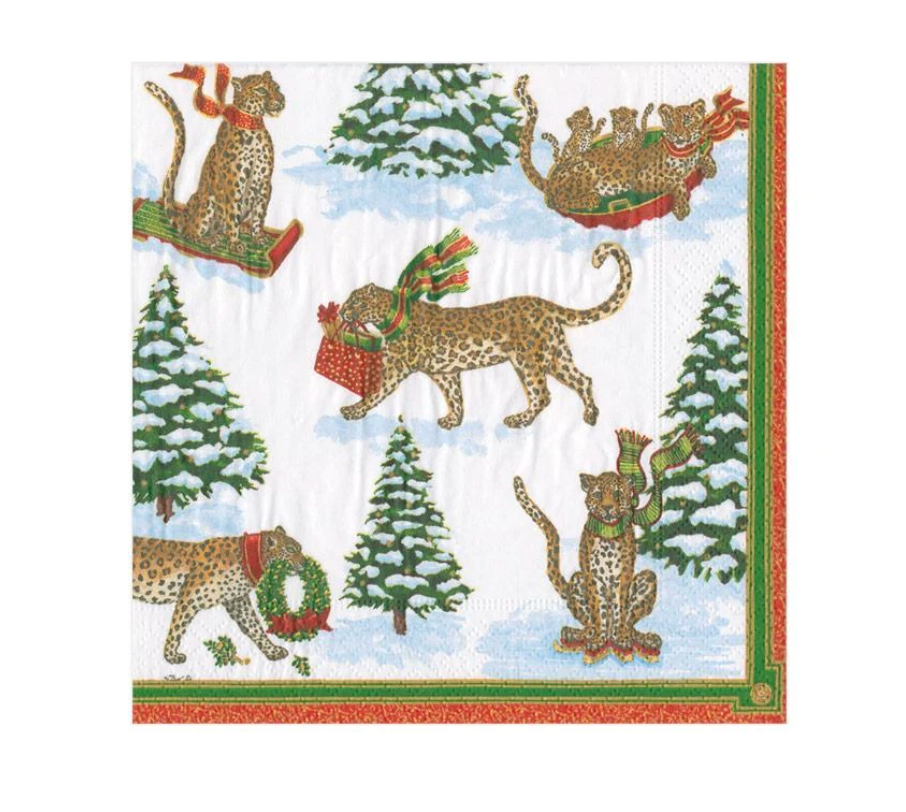 Caspari Cocktail Napkins: Leopards in Snow