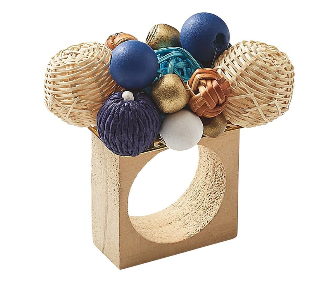 Kim Seybert Napkin Rings: Java Napkin Ring in Natural & Navy & White, Set of 4