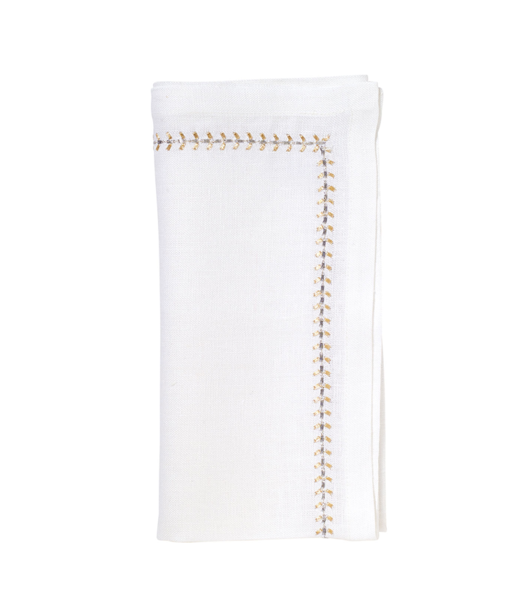 Kim Seybert Napkin: Herringbone in White with Gold and Silver