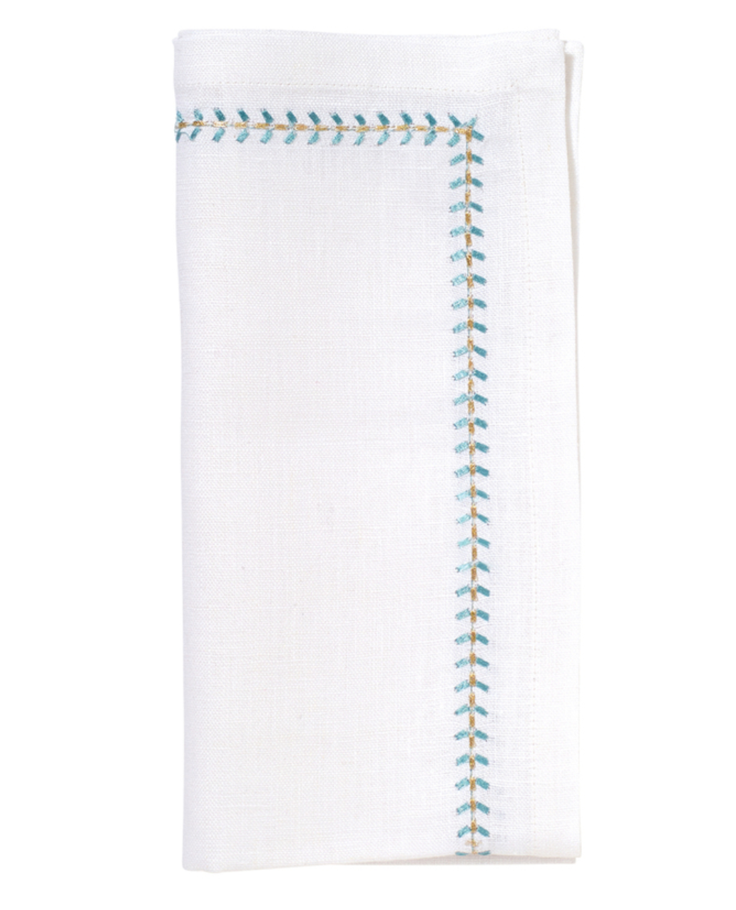 Kim Seybert Napkin: Herringbone in White with Seafoam & Gold