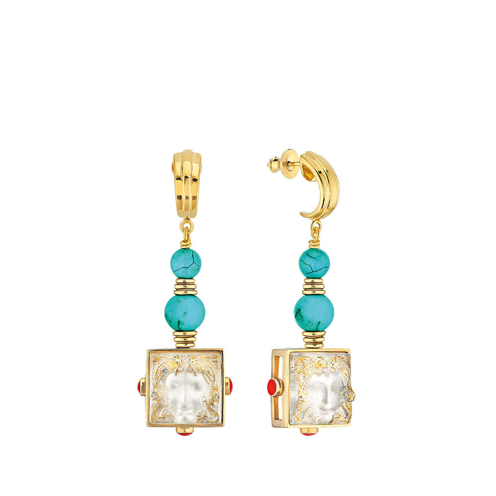 Lalique Earrings - Arethuse - Clear Crystal, Turquoise, Vermeil