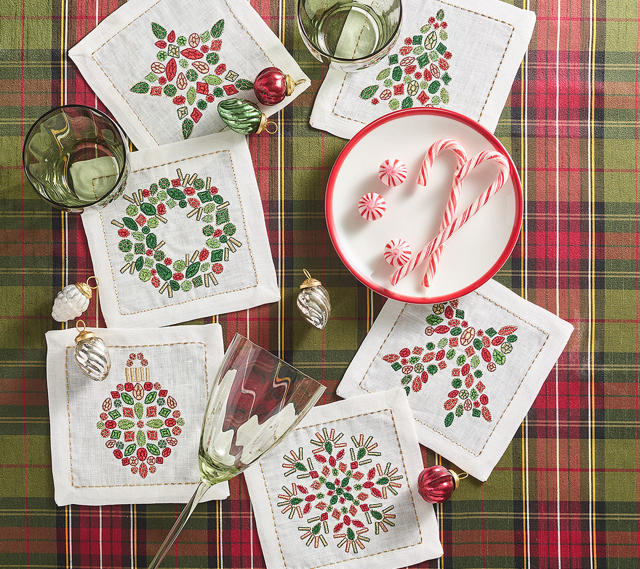 Kim Seybert Cocktail Napkins: Holiday Nostalgia in White, Red & Green, Set of 6