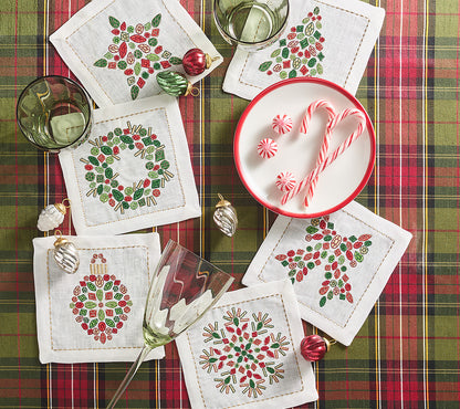 Kim Seybert Cocktail Napkins: Holiday Nostalgia in White, Red & Green, Set of 6