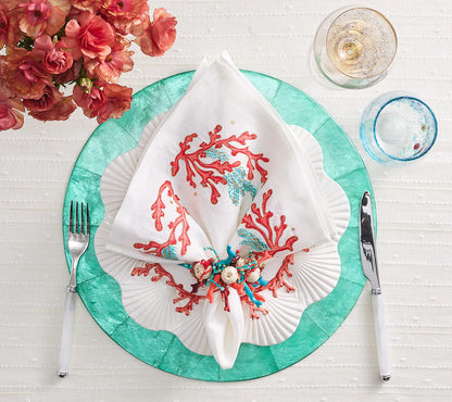 Kim Seybert Napkins: Coral Spray in White, Coral & Turquoise, Set of 4