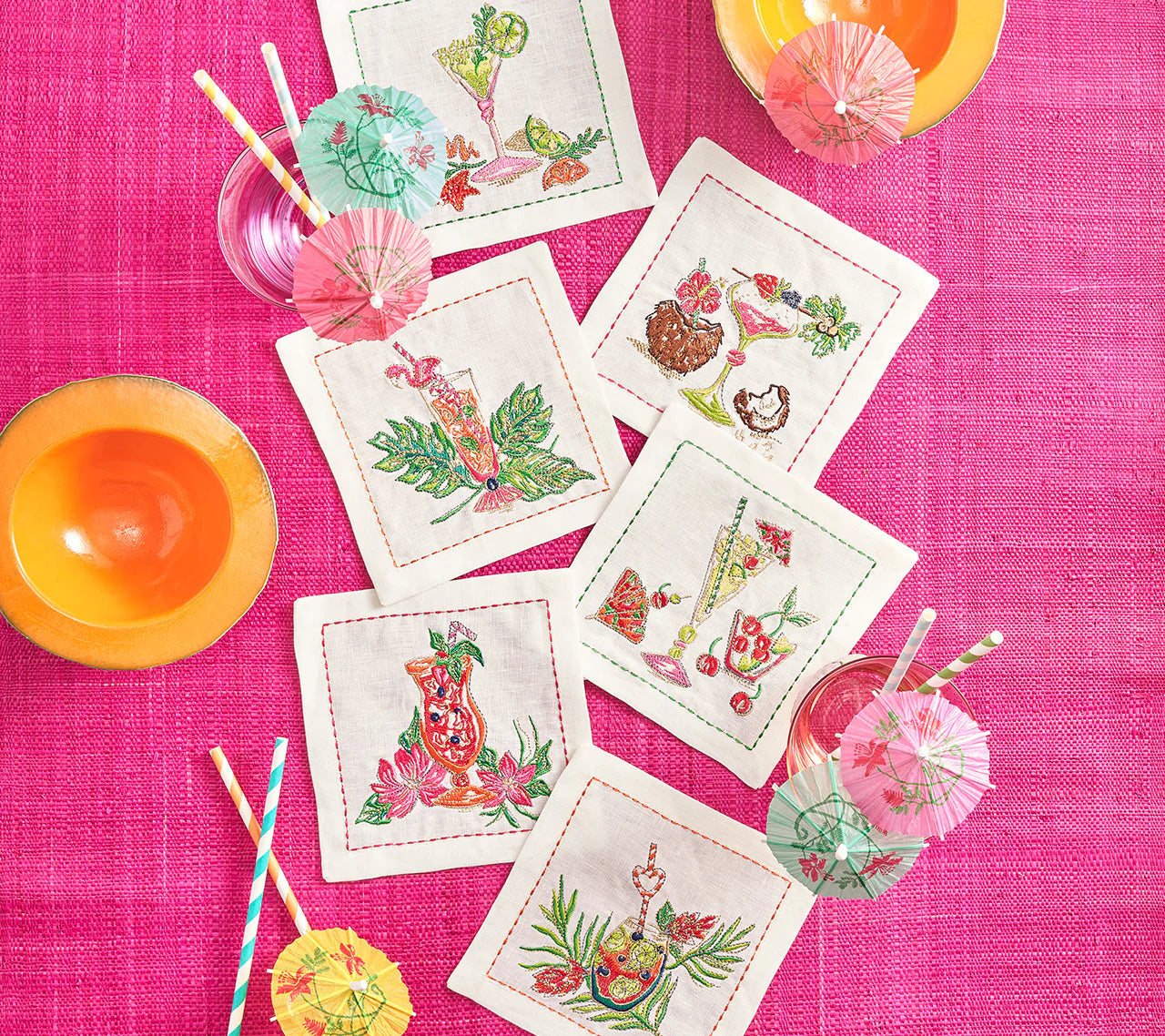 Kim Seybert Cocktail Napkins: Tropicana in White & Multi, Set of 6