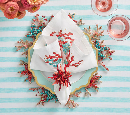 Kim Seybert Napkins: Coral Spray in White, Coral & Turquoise, Set of 4