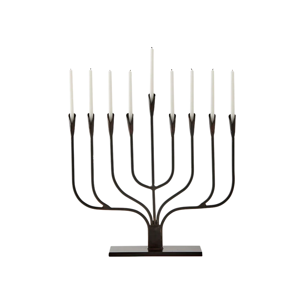 Jan Barboglio Menorah Iron petal candle holders on an iron rectangular base
