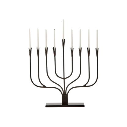 Jan Barboglio Menorah Iron petal candle holders on an iron rectangular base