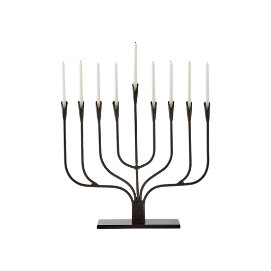 Jan Barboglio Menorah Iron petal candle holders on an iron rectangular base