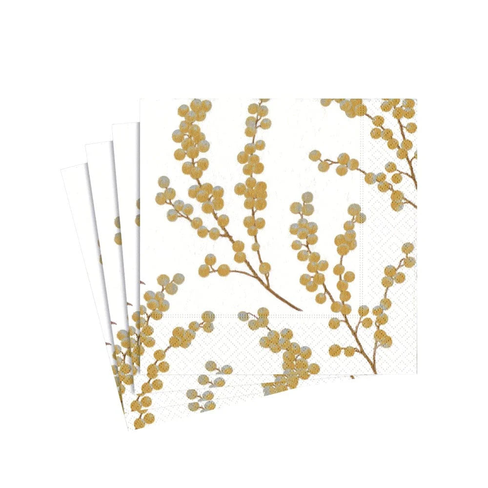 Caspari Cocktail Napkins: Berry Branches Paper - White & Gold