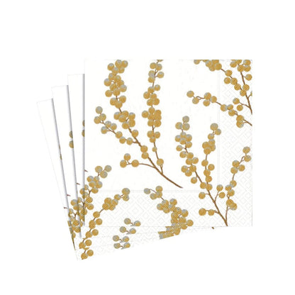 Caspari Cocktail Napkins: Berry Branches Paper - White & Gold