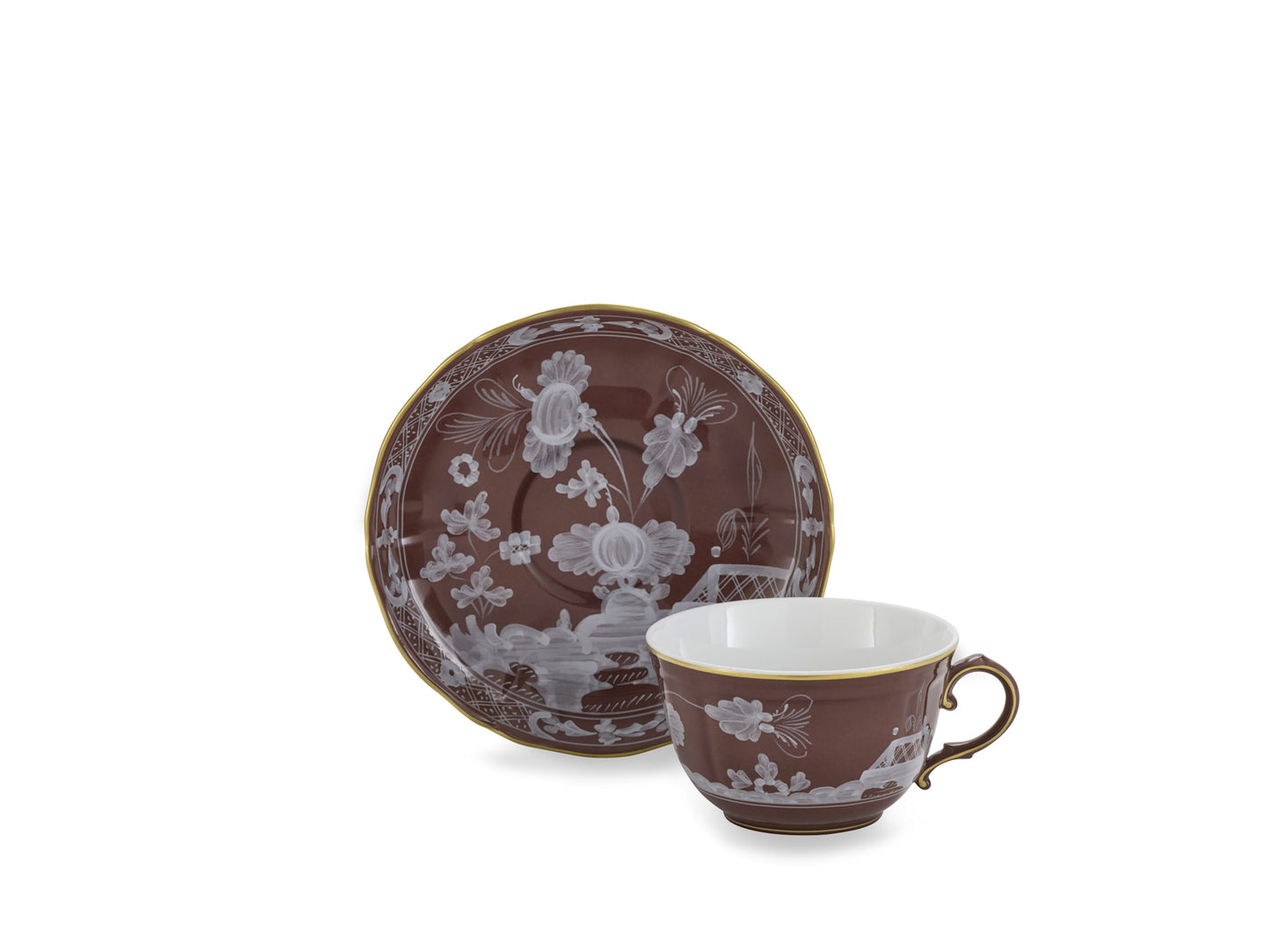 Ginori 1735 Oriente Italiano Tea Cup - Castagna (Brown w/Gold Threading)