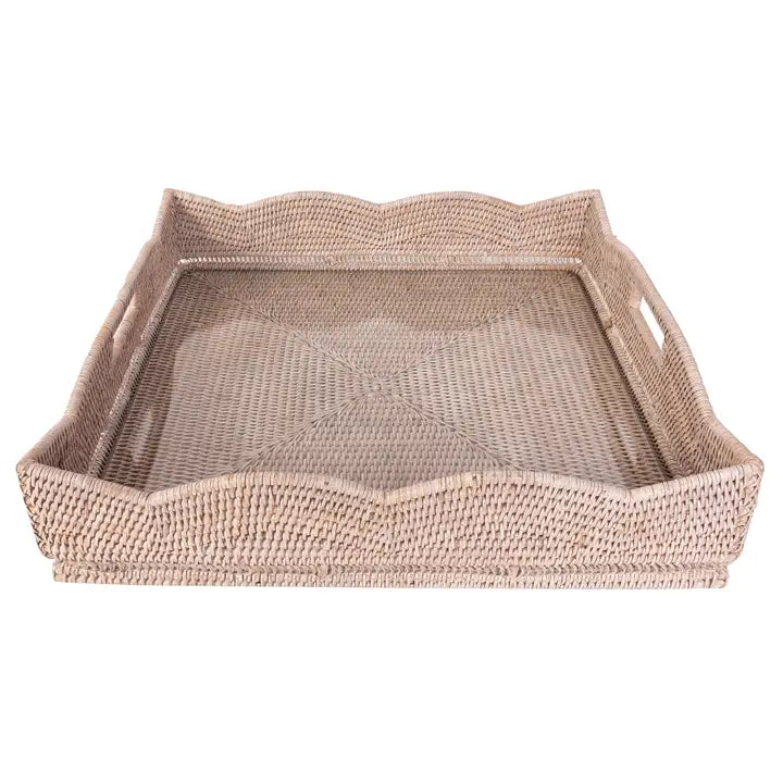 20 in Square Scallop Square Rattan Tray with Glass Insert Whitewash