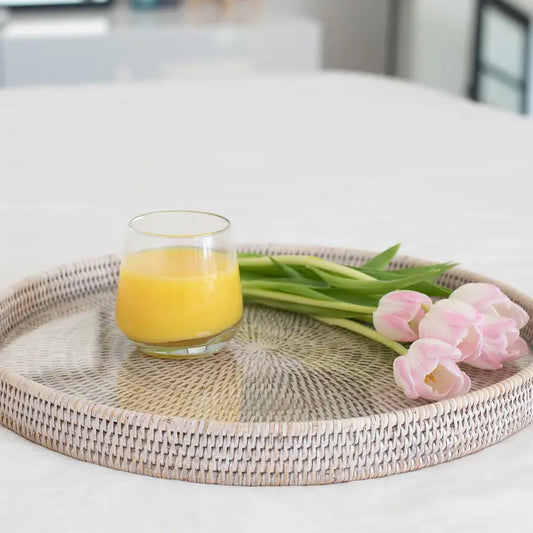 16 in Whitewash Round Serving Rattan Tray Glass Insert