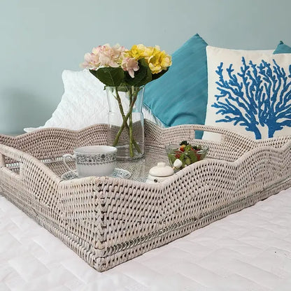 20 in Square Scallop Square Rattan Tray with Glass Insert Whitewash