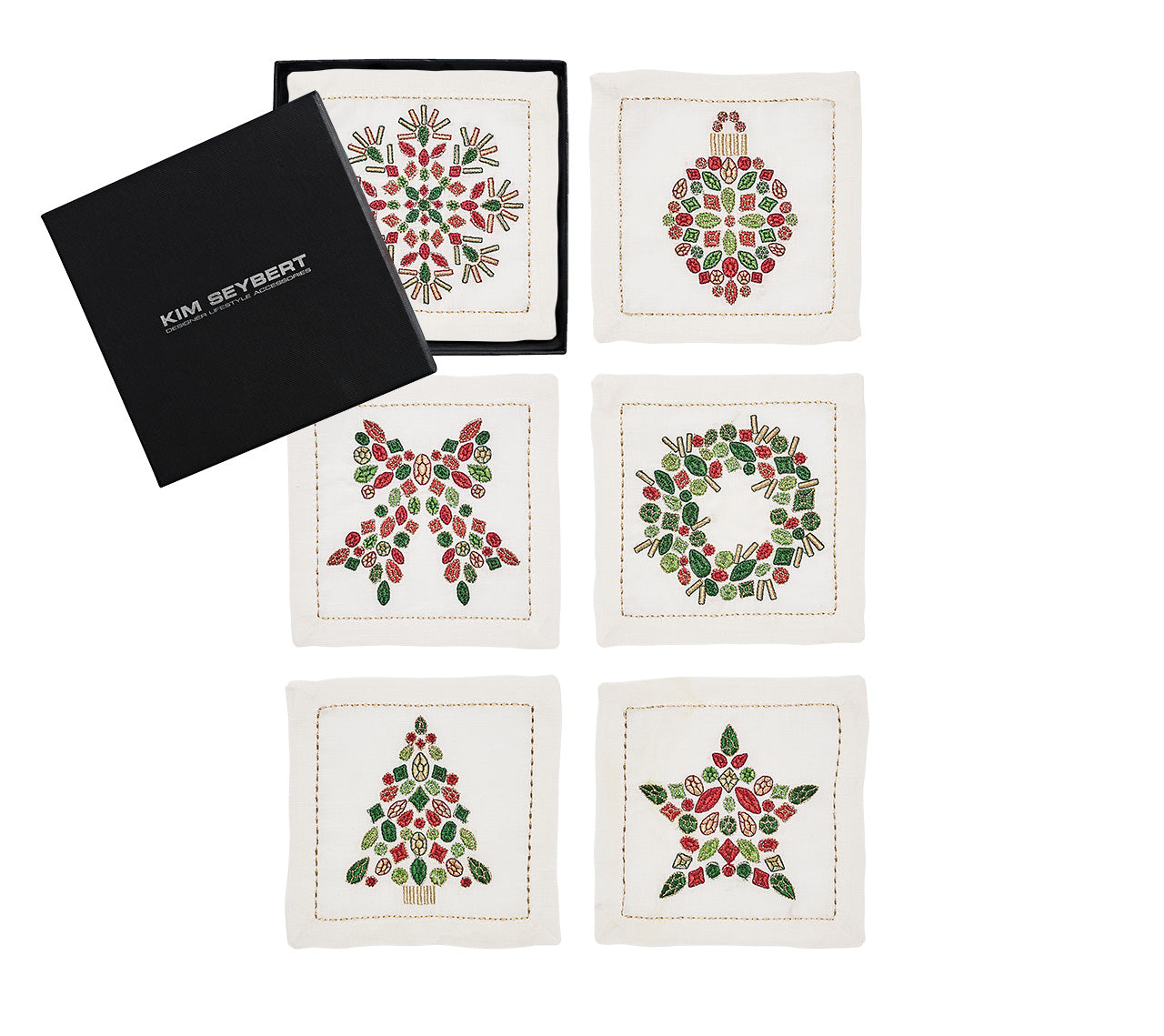 Kim Seybert Cocktail Napkins: Holiday Nostalgia in White, Red & Green, Set of 6