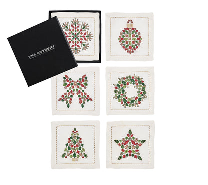 Kim Seybert Cocktail Napkins: Holiday Nostalgia in White, Red & Green, Set of 6