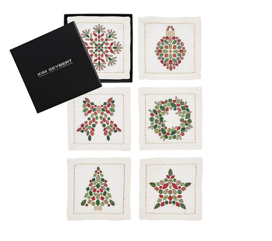 Kim Seybert Cocktail Napkins: Holiday Nostalgia in White, Red & Green, Set of 6